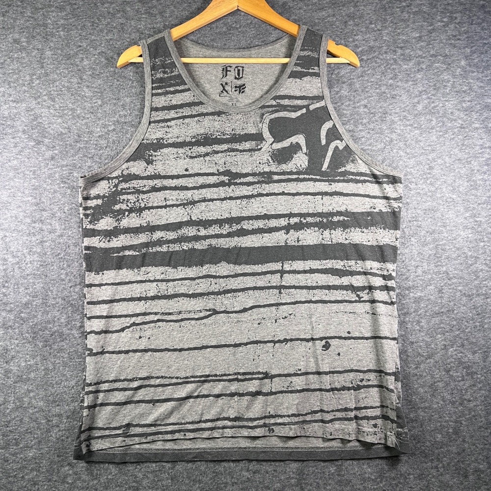 Fox Racing Mens XL Gray Distressed Stripe Tank Top Sleeveless Logo Shirt